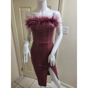 Fate Burgundy Faux Leather Feather Trim Strapless Corset Midi Dress XS‎ Wine